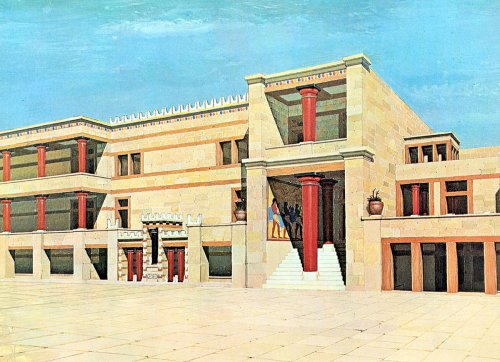 Reconstrução do palácio de Cnossos, visão a partir do pátio central. Ilustração moderna, autor desconhecido.