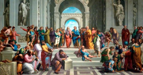 Escola de Atenas, do pintor renascentista italiano Rafael. Foi pintada entre 1509 e 1511 em uma sala privada do Vaticano. No centro da imagem Platão e Aristóteles conversam.