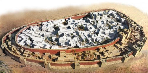 Jericó, a primeira cidade com muralhas do mundo. Ilustração moderna, autor desconhecido.