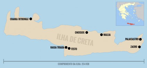 Mapa da ilha de Creta com os principais sítios arqueológicos minóicos em destaque.