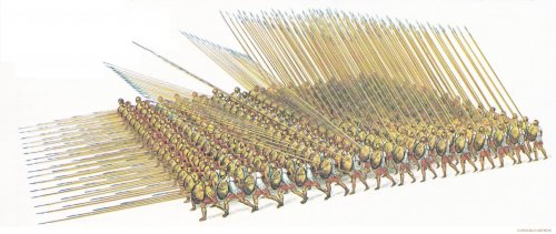 A falange macedônia era a infantaria pesada mais eficiente do século 4 a.C. Eles usavam sarissas, lanças que chegavam a ter 7 metros.