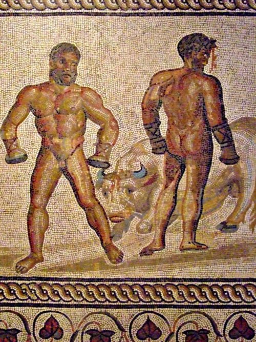 Mosaico romano mostrando dois boxeadores. Villelaure, França. Cerca de 175-200 d.C. Museu Getty. N° 71.AH.106