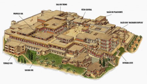 Uma reconstrução do palácio de Cnossos no seu auge.