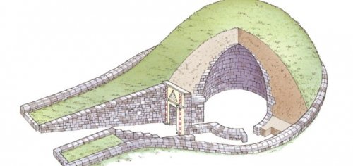 Túmulo Tolos, também conhecido como túmulo colméia, um falso domo criado pela superposição de anéis sucessivamente menores de lodo ou, mais freqüentemente, de pedras. Esse desenho mostra a famosa tumba de Micenas conhecida como Túmulo de Atreu, datada do século 13 a.C.