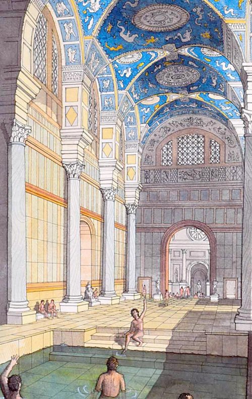 Termas de Adriano em Leptis Magna, Líbia. Ilustração de Jean-Claude Golvin.
