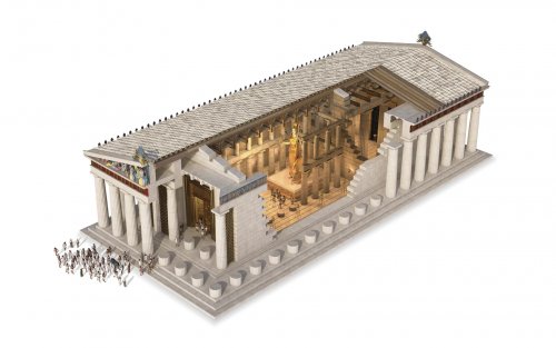 Corte em templo grego mostra sua estrutura interna básica.