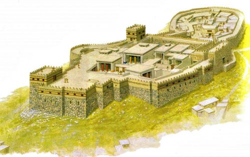 Reconstrução do palácio de Tirinto, no período Micênico. Ilustração moderna, autor desconhecido.