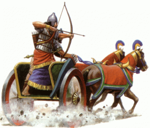 Carruagem de guerra assíria usada durante o auge do Império Assírio entre 1000 a 600 a.C. As carruagens de guerra levavam terror a tropas de infantaria desorganizadas e mal treinadas. Ilustração moderna, autor desconhecido.