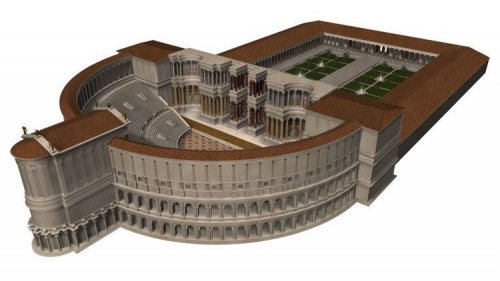Reconstrução digital do que teria sido o teatro de Pompeu em Roma. Autor desconhecido.