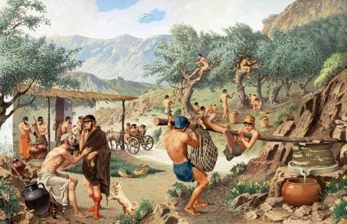 Gregos produzindo óleo de oliva. Ilustração moderna, autor desconhecido.