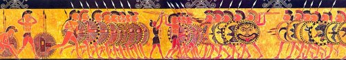 Pintura do Vaso Chigi do século 6 a.C., mostra o encontro de duas falanges de guerreiros hoplitas gregos.