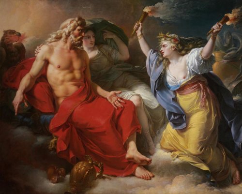 Deméter busca a ajuda de Zeus após o rapto de Perséfone. Ceres implora pelo raio de Júpiter após o sequestro de sua filha Proserpine. Pintura de Antoine François-Callet (1777).