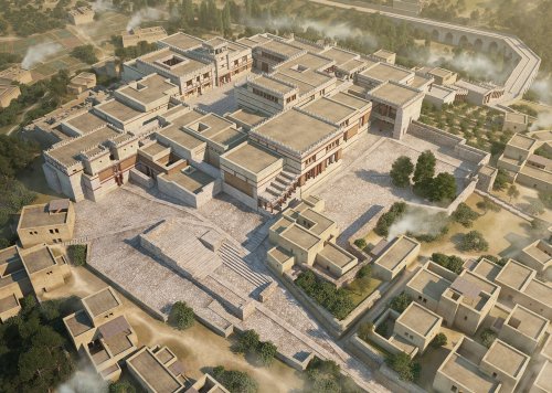 O Palácio de Cnossos em 1350 a.C. Ilustração moderna de JR. Casals Art e Heritage.